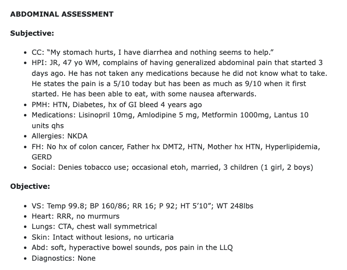 Constipation SOAP Note - Week 6: Assessment of the Abdomen and
Gastrointestinal System