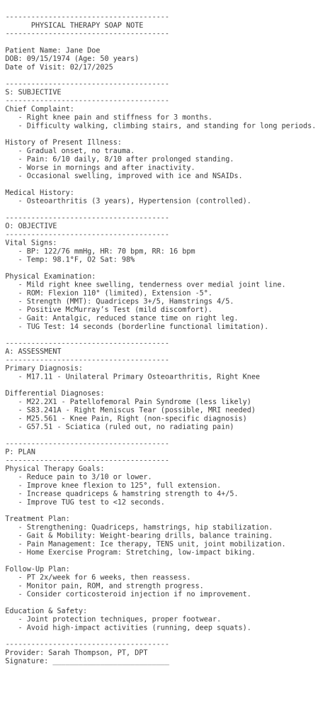 Physical Therapy SOAP Note Example