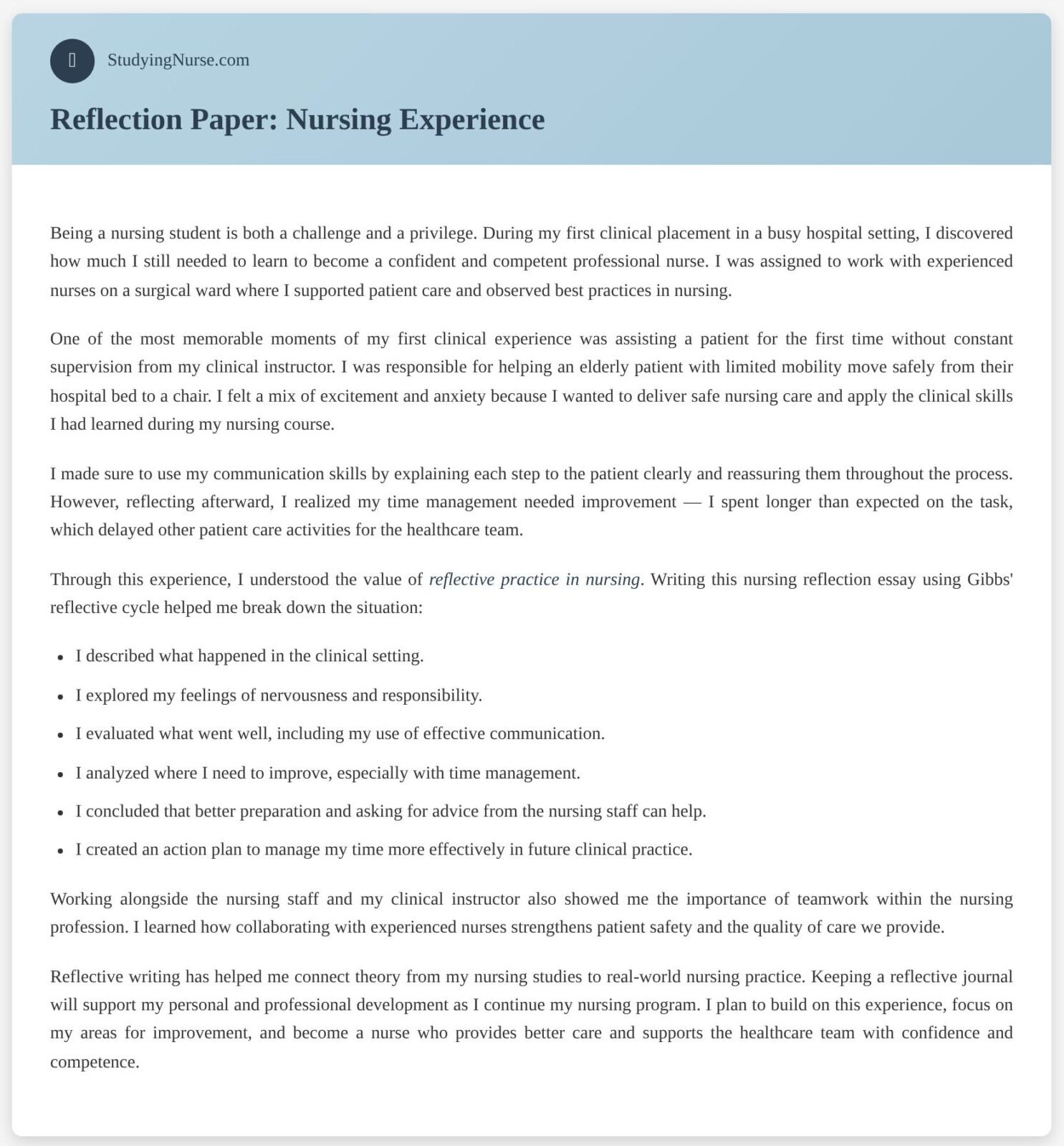 Nurse Reflection Examples